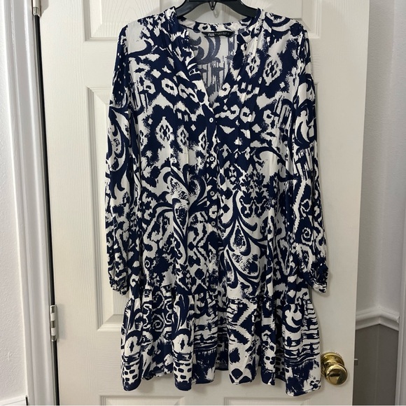 Zara Navy White Mixed Print Midi Dress Flowy Comfy Designer Work Wear Casual XL - Picture 2 of 10
